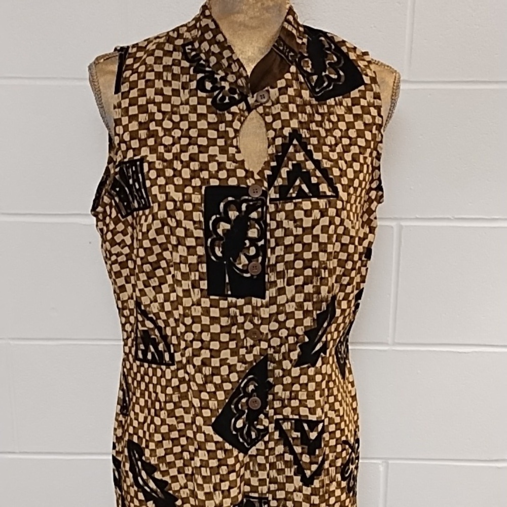 Olivia Rose 12 Button Down Print Shirt Dress Mandarin Collar Keyhole Border EUC